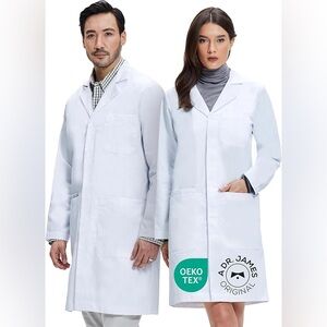 Dr. James 100% Cotton Unisex Lab Coat Men & Women Phone Tablet Pockets NEW